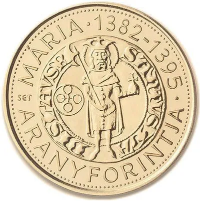 A Mária aranyforintja elnevezésű emlékérme közel 3,5 gramm súlyú, 986 ezrelékes (kb. 23 karátnak megfelelő) finomságú aranypénz. Névértéke 50 ezer forint, rajta az 1382–1395 között uralkodott Mária királynő által veretett aranyforint képét láthatjuk. (2014)